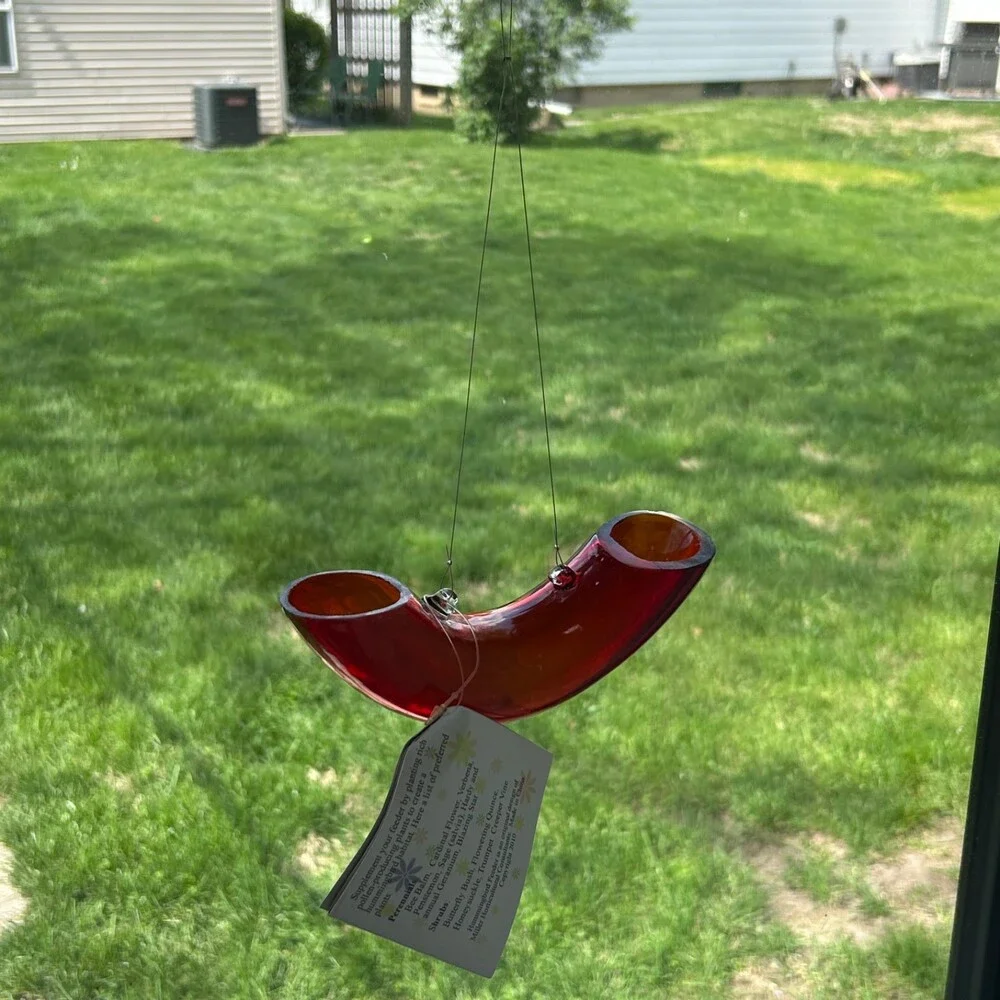 Handmade Red Glass Hummingbird Bird Feeder Original Unique Shape Round Tube